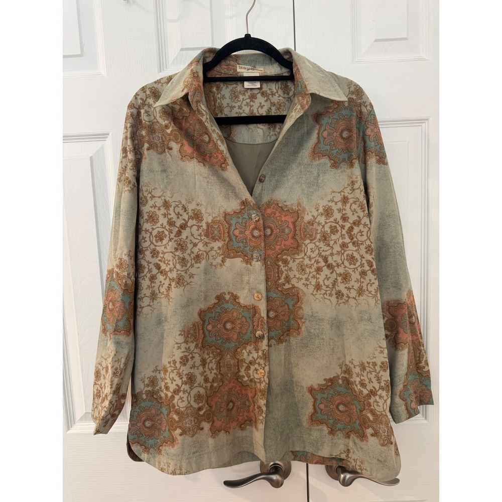 TravelSmith Womens Medallion Floral Print Faux Suede Button Down Shirt Green M